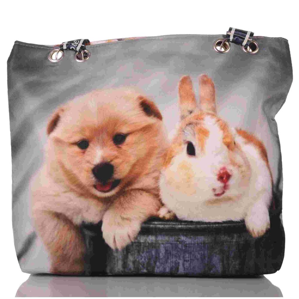 Strandtasche mit Hund und Kaninchen Motiv