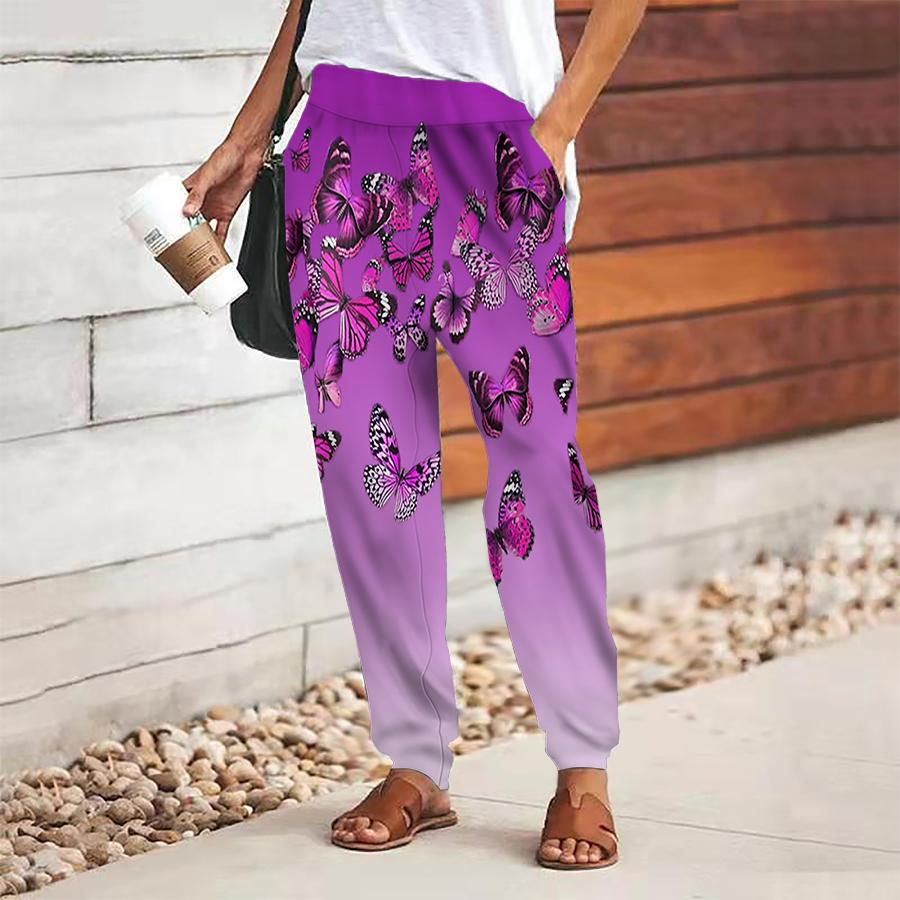 

Женские брюки с принтом бабочек, на шнуровке, с эластичной талией, свободные, повседневные длинные брюки, брюки с карманами 8XL