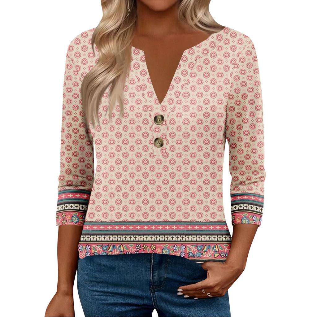 3/4 Sleeve Womens Tops For Women Henely Tops Button V Neck  Loose Fit Dressy Womens Summer Tops