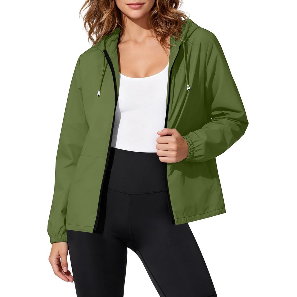 Wasserdichte Winddichte Kapuzenjacke für Damen, Leichter Reißverschluss-Regenmantel für Draußen mit Verstellbarem Kordelzug und Taschen für Reisen und Wandern