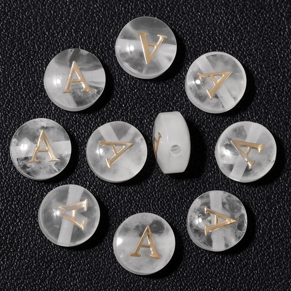 5pcs Cross hole White Natural Crystal Quartz Stone Alphabet Bead 8mm Round Charms 26 Letter A-Z Beads For DIY Necklace Bracelet