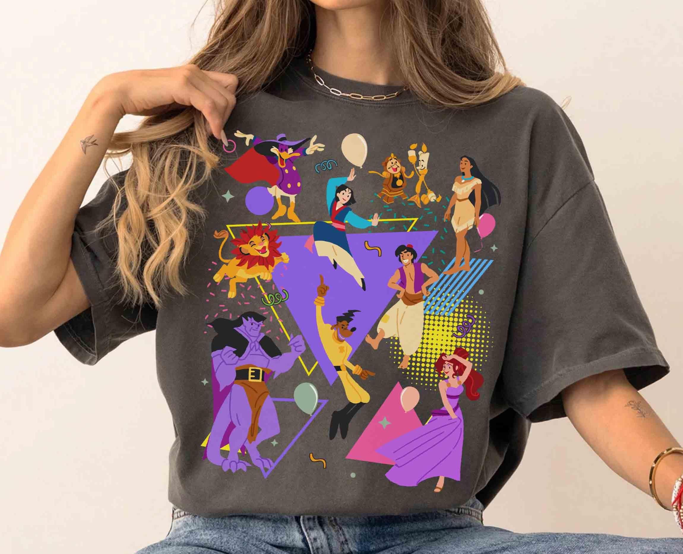 Retro 90s Disney Characters Shirts Powerline Aladdin Simba Pocahontas Cogsworth Wash Tee S