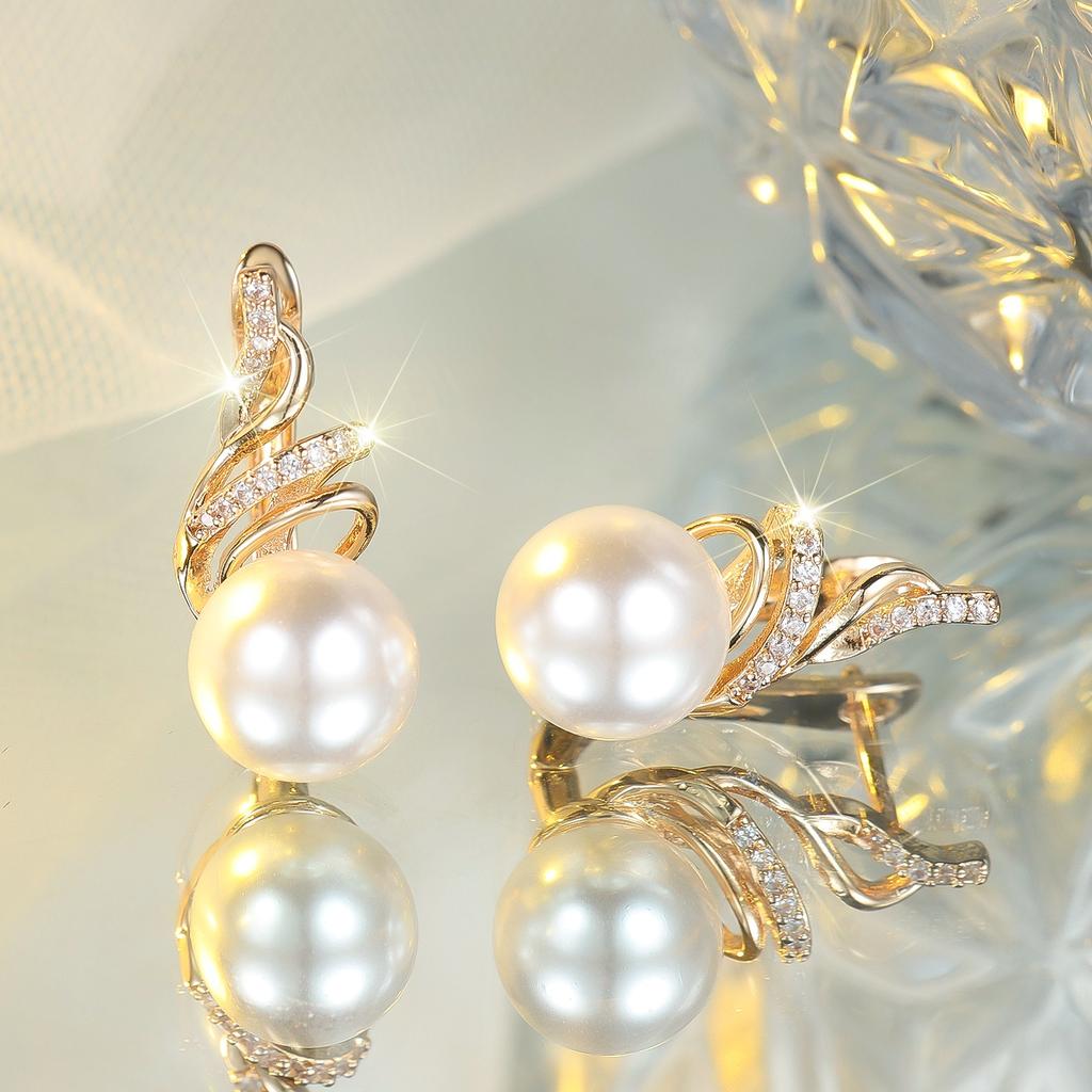 White Pearl Zircon Stone Round Hoop Earrings Luxury Female Gold Color Wedding Jewelry For Women