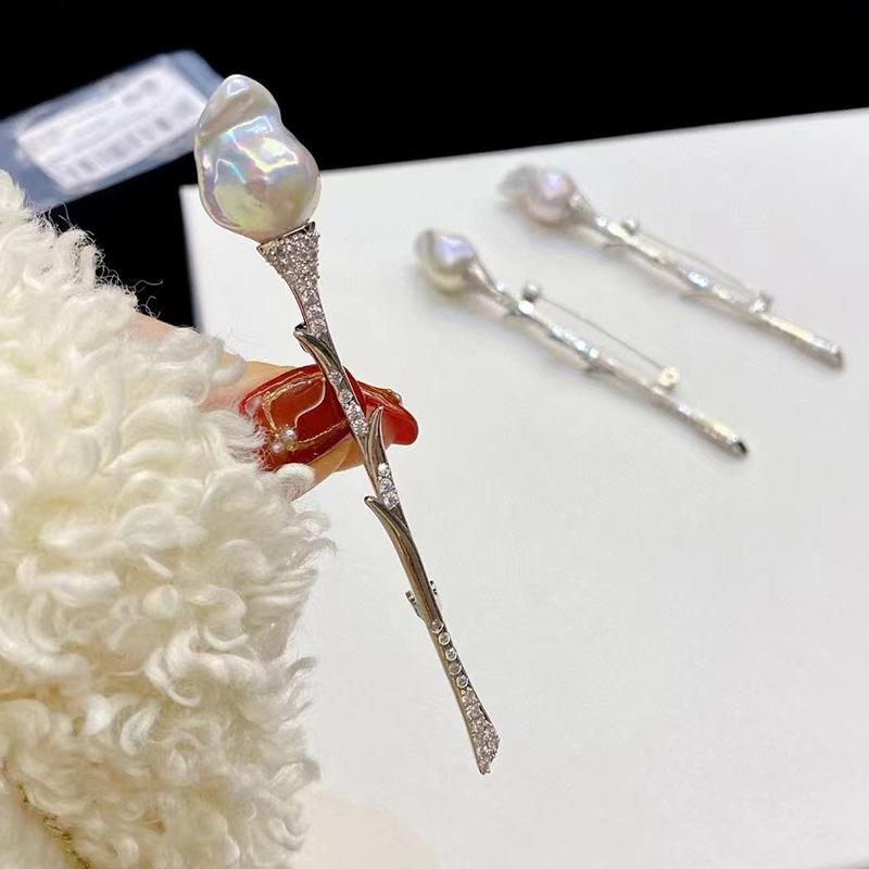 

Rose tulip baroque pearl brooch empty support gold-plated copper micro-paved zircon pin corsage