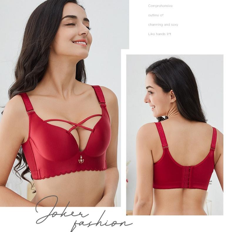 Fat Girl's No-rim Cross-gathering Plus-size Underwear with Adjustable Shape and Beautiful Back Large Cup and Side-breasted Bra