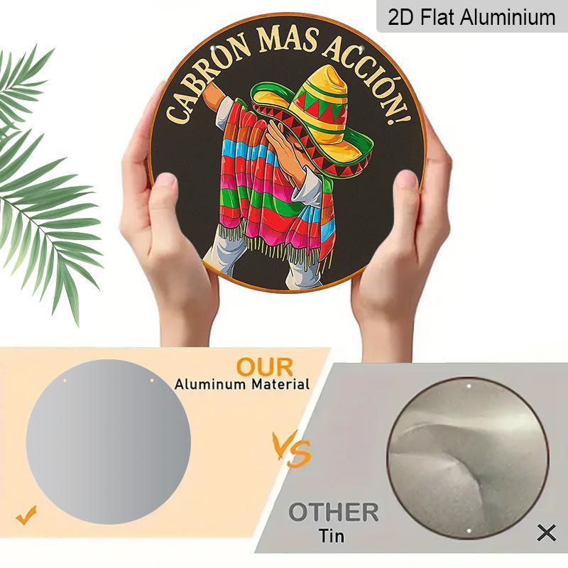 2D Flach, 1 Stück 7,87 Zoll Runde Aluminium-Wandplakette im französischen und mexikanischen Stil - Spanisches/Lateinamerikanisches Kultur-Dekor-Schild mit von Mariachi inspirierten Mustern, Mexikanisch