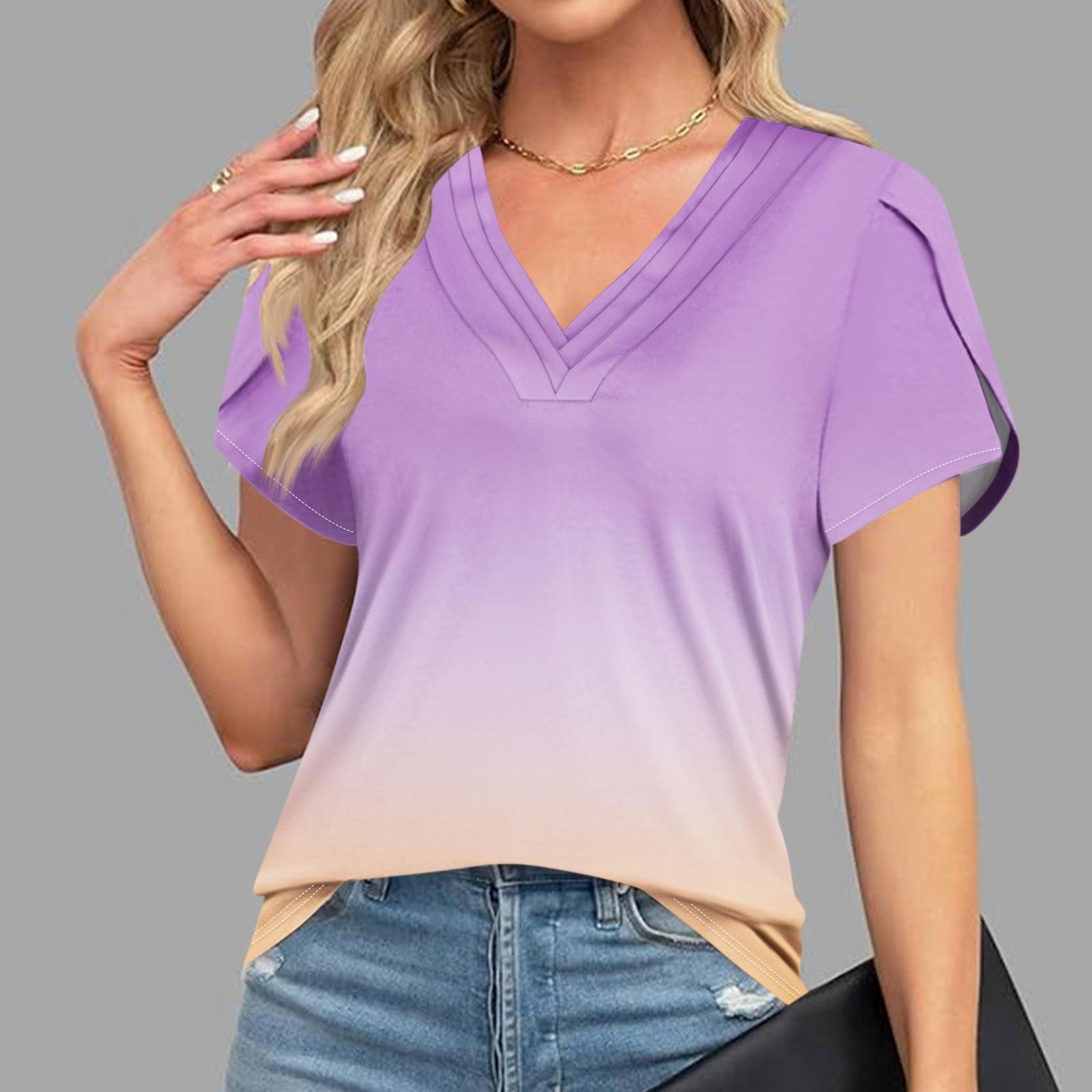 

Блузки для жінок Одягнений повсякденний, модний принт, короткий рукав, ретро-принт, футболка Унікальний дизайн, V-подібний виріз, великі футболки XL фіолетовий