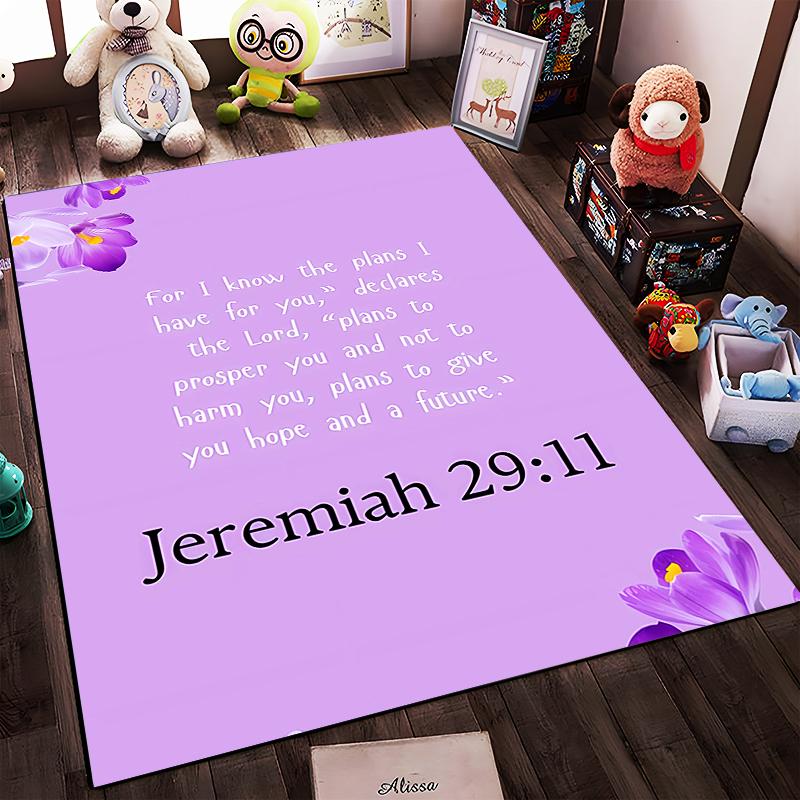 Purple Floral Jeremiah 29:11 Non-slip Rug suitable for living room and bedroom sofas.