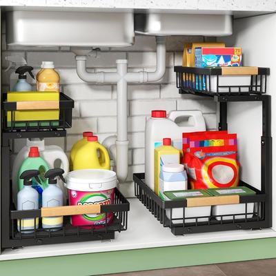 Under Sink Organizer, 2 Packs 2 Tier Under Sink Organizers and Storage, Slide Out Pull Out Cabinet Organizer Shelf, Metal Sliding Drawer for Kitchen