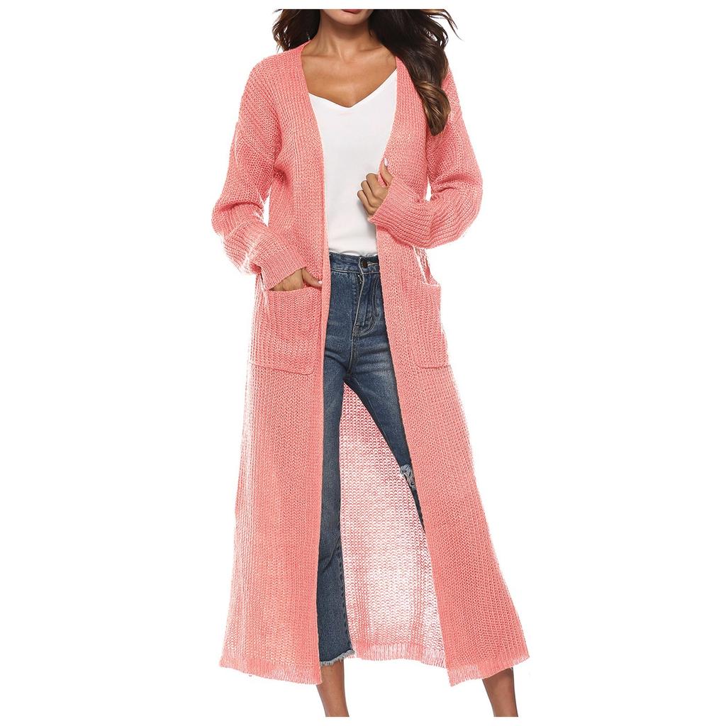 Women's Fashion Casual Button  Solid Color Big Pocket Cardigan Sweater Long Thin Coat