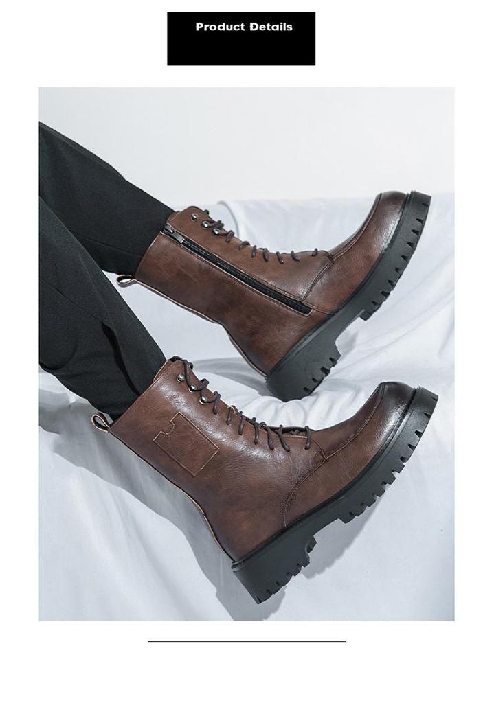 Men's British Style Leather High-Top Martin Boots - Autumn/Winter, Thick Sole, Height-Increasing, Long Lace-Up, Motorcycle Design.