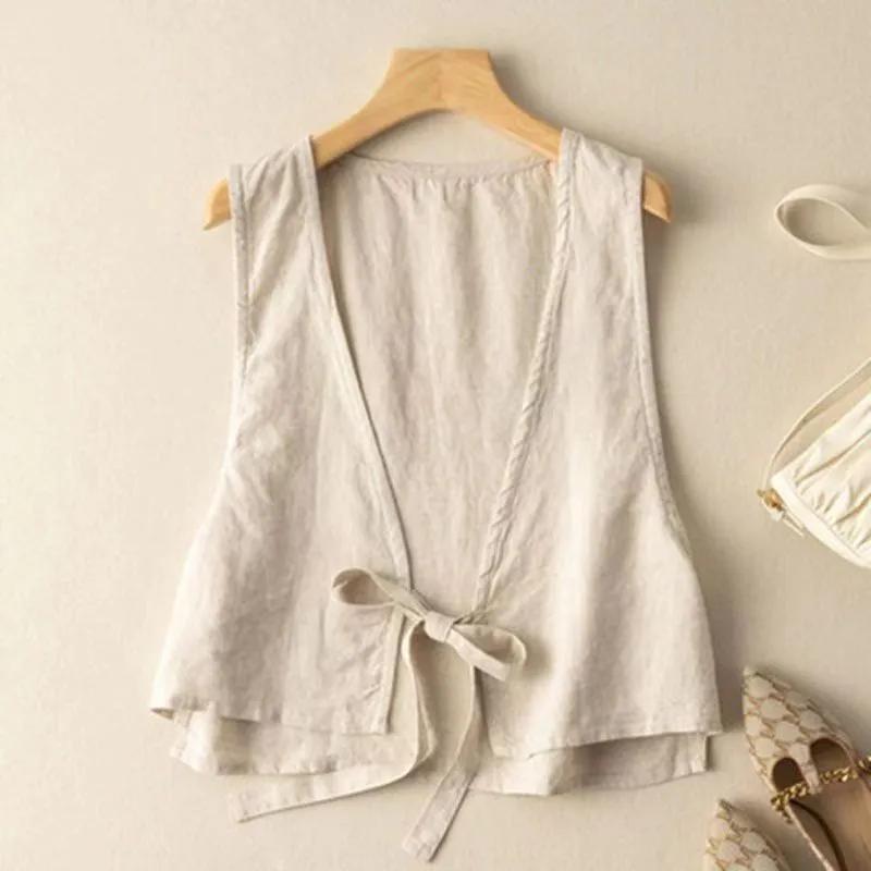 Women's Summer Literary Retro Ethnic Style Vest Solid Color Thin Section Loose Lapel Tie Top