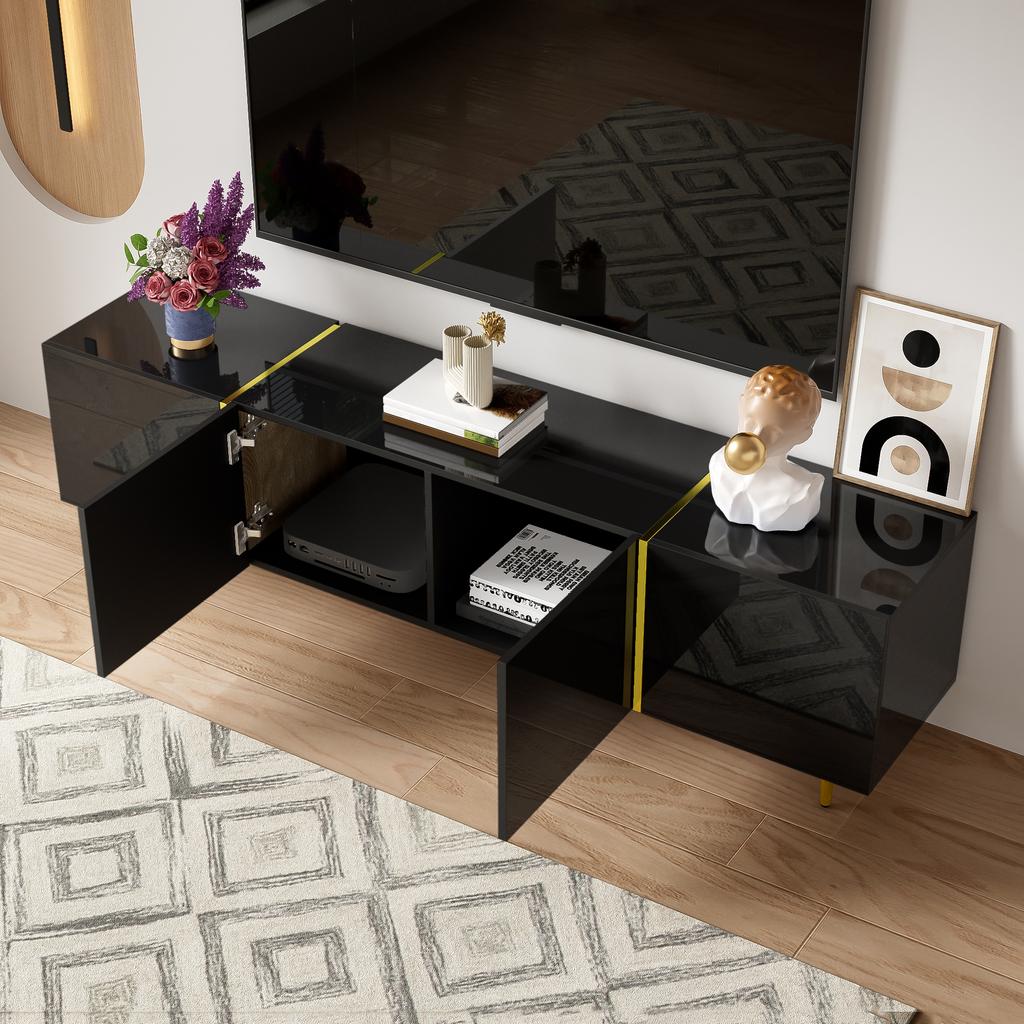 Black High-gloss TV Cabinet with 4 Doors, Modern and Simple, In Black-gold Color Combination