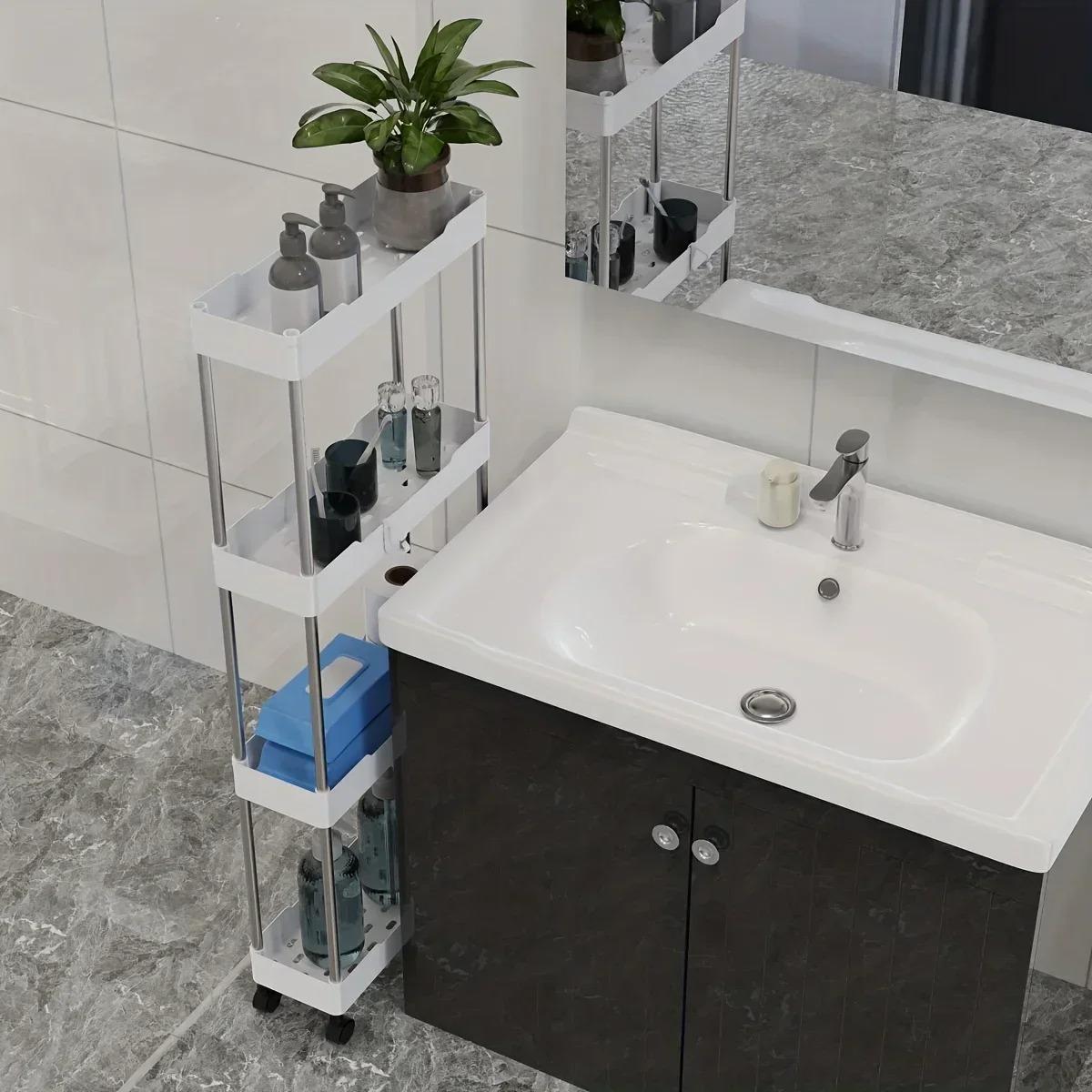 

Стеллаж для хранения в ванной комнате с колесами, 3/4-слойная тележка на колесиках, органайзер для хранения в ванной комнате, многоцелевая угловая полка 3 levels белый