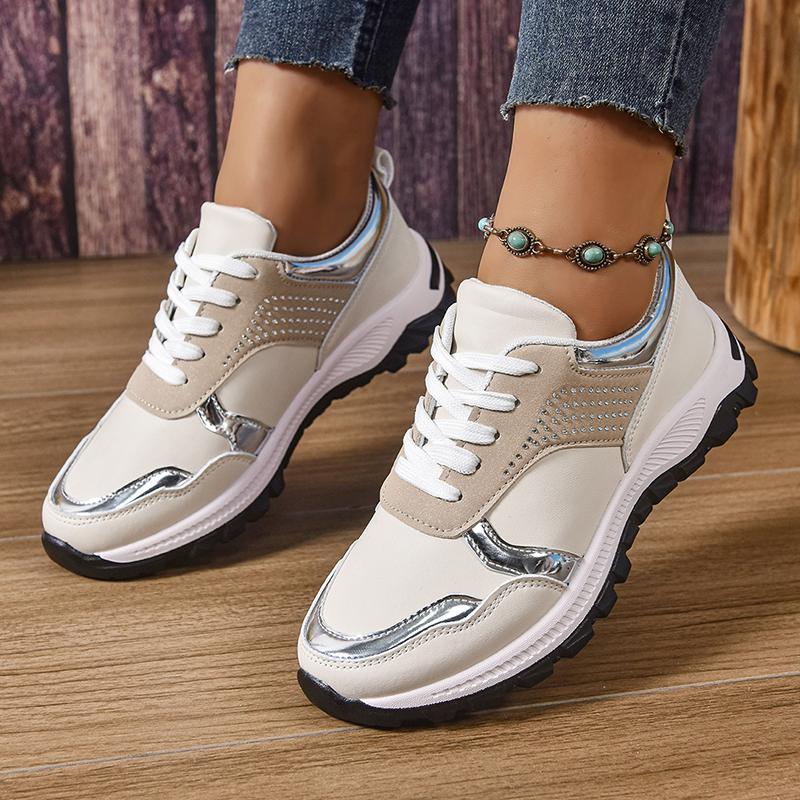 Fashion Pu Leather Platform Sport Shoes Women 2025 Crystal Decor Thick Bottom Sneakers Woman Plus Size Non Slip Casual Walking Shoes 43