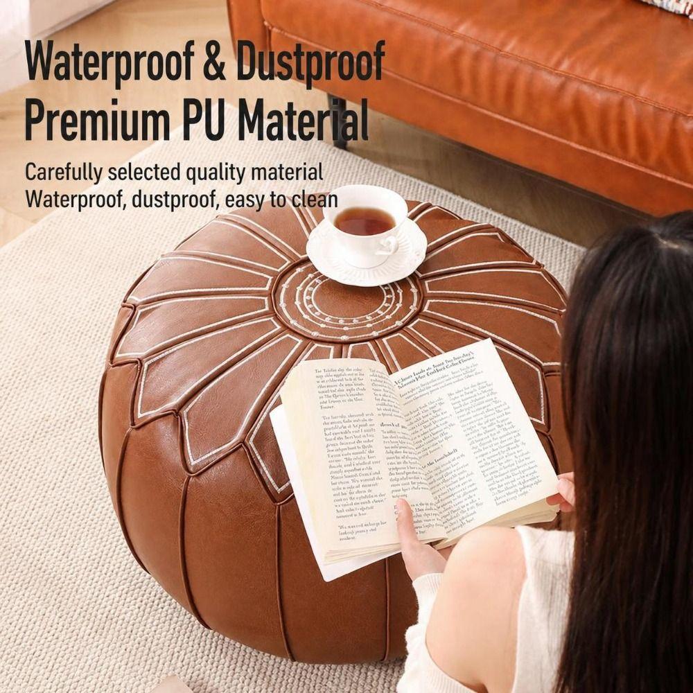 PU Leather Fillable Ottoman Pouf Round Shape Round Pouf Cover New Storage Ottoman Living Room