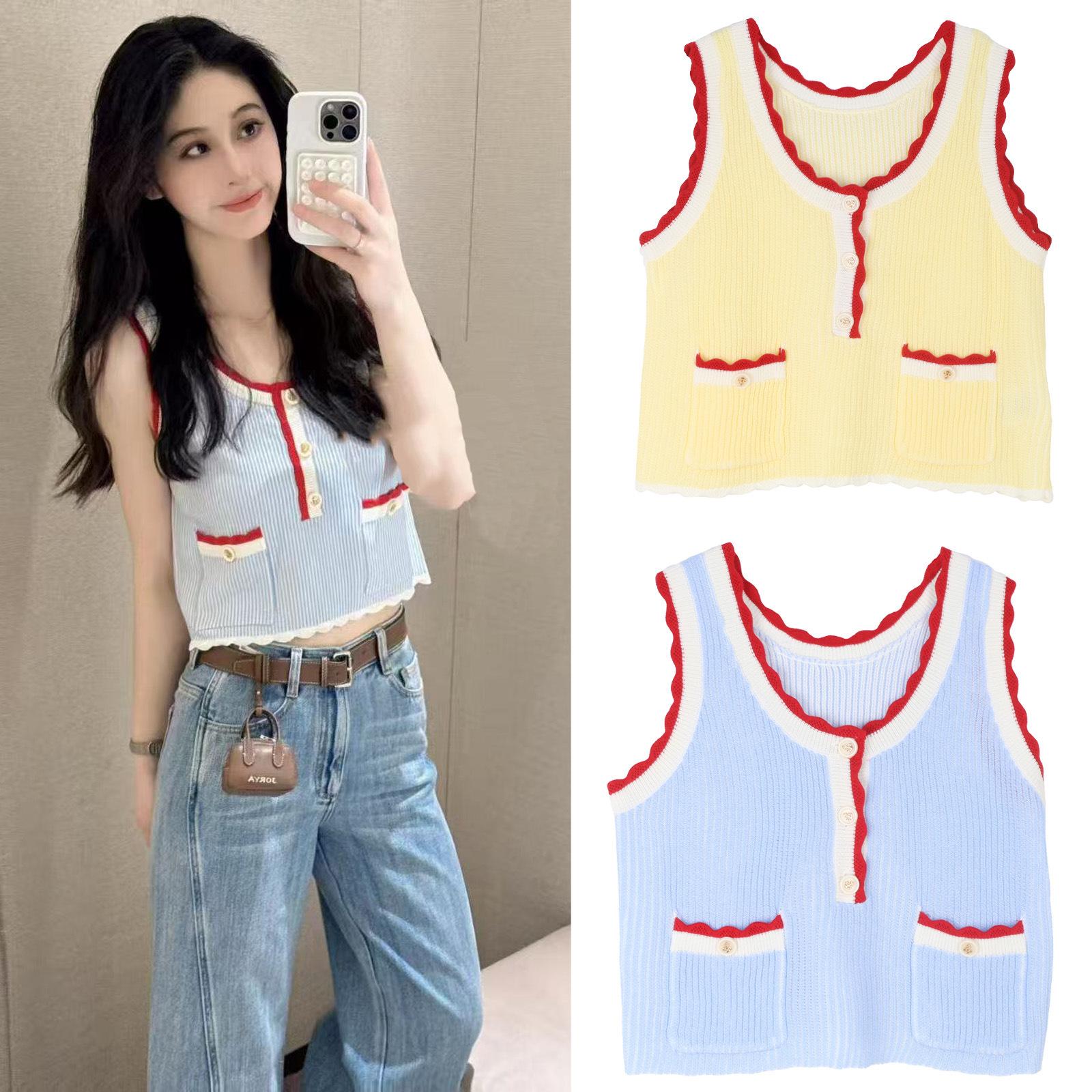 

M Family Fashionable Color Block Knit Sleeveless Lace Top - Versatile Summer Style M