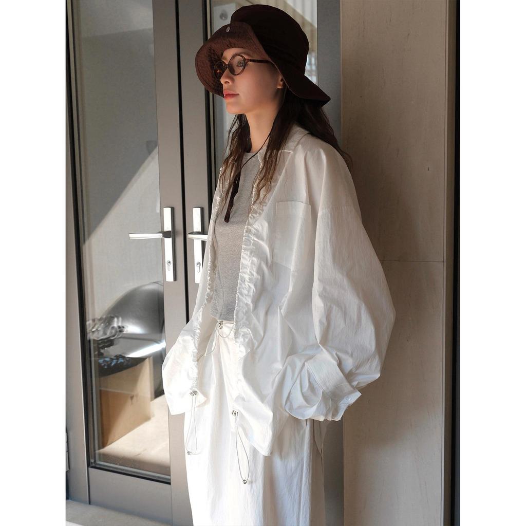 Louvre Autumn Korean Style Drawstring Shirt - Loose Fit Casual Top for Women