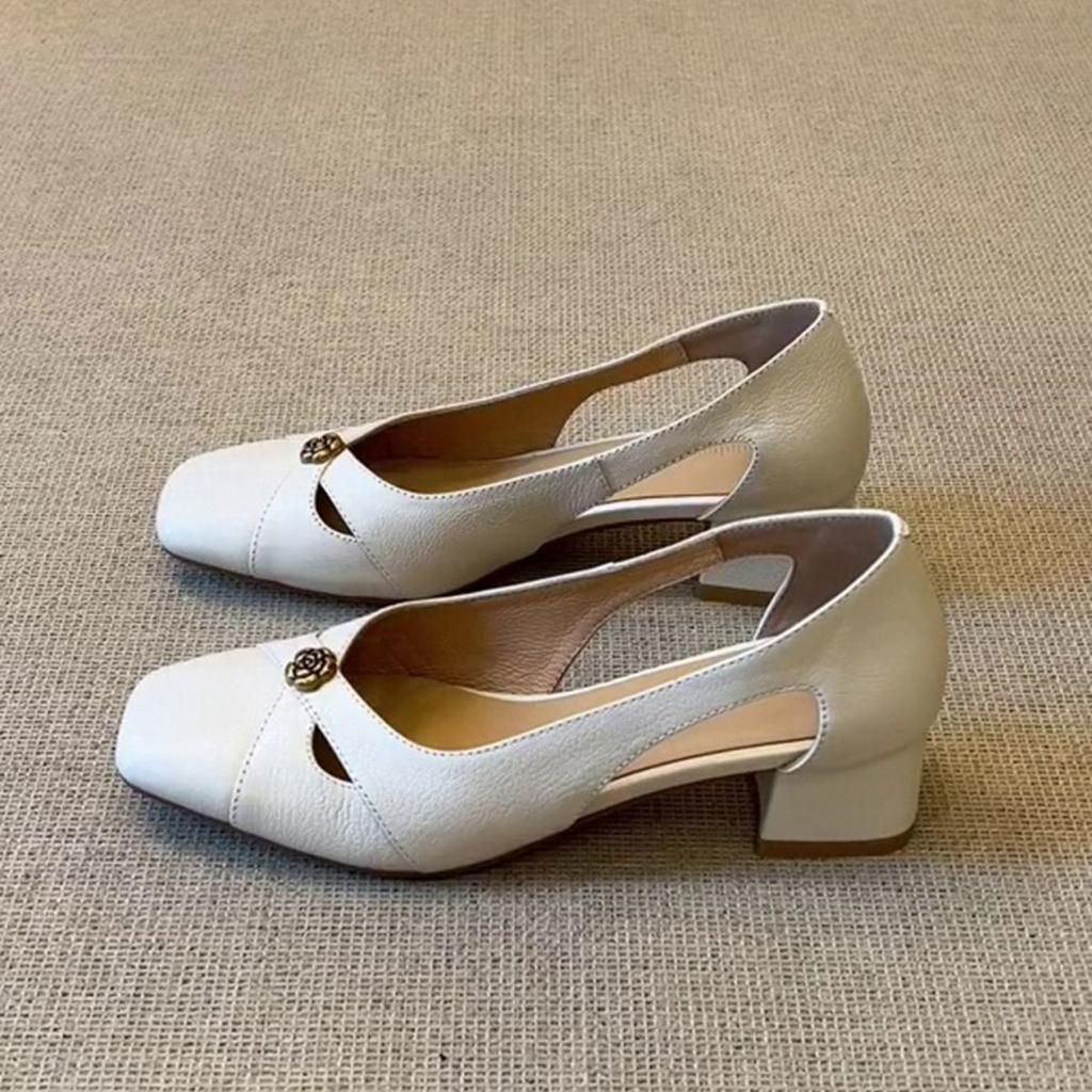 Square head French hollow bag head cool single shoes women's 2025 new summer with skirt thick heel absolute son Mary Jane shoes