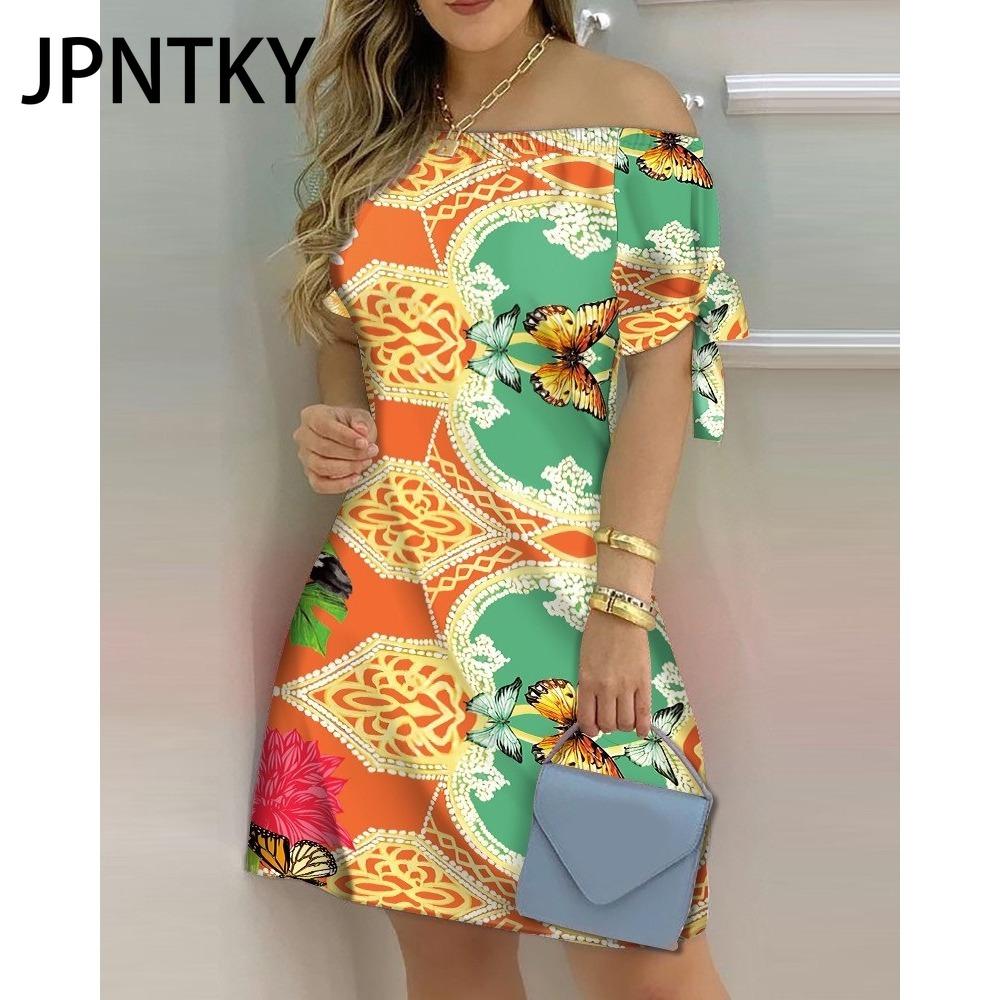 JPNTKY Women Fashion Off Shoulder Dress Short Sleeve Bow Tie Print Dresses Summer Beach Dresses Plus Size