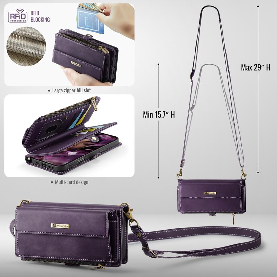 For iPhone/Samsung RFID Blocking Multilayer Wallet Phone Case Purse with 9 Card Slots+Zipper Pocket+Coin Sack Detachable Crossbody Strap + Wrist Strap