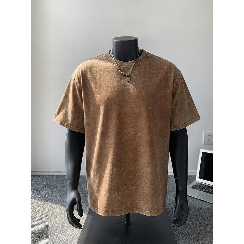 240G Heavy Weight Pure Cotton Short Sleeve T-Shirt Men American Street Vintage Washed Solid Color Loose Casual Top