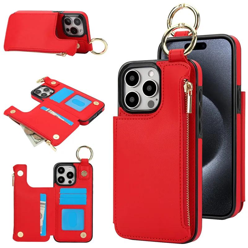 Ring Zip Wallet Card Leather Phone Case For iPhone 16 Pro Max 15 14 Plus 13 12 Mini 11 XS XR X SE 8 7 Flip Stand Cover Etui