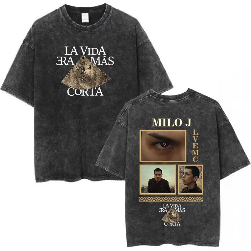 Washed Vintage Rapper Milo J La Vida Era Mas Corta Album T Shirt Men Women Fashion Hip Hop Cotton Short Sleeve T-shirt Fan Gifts