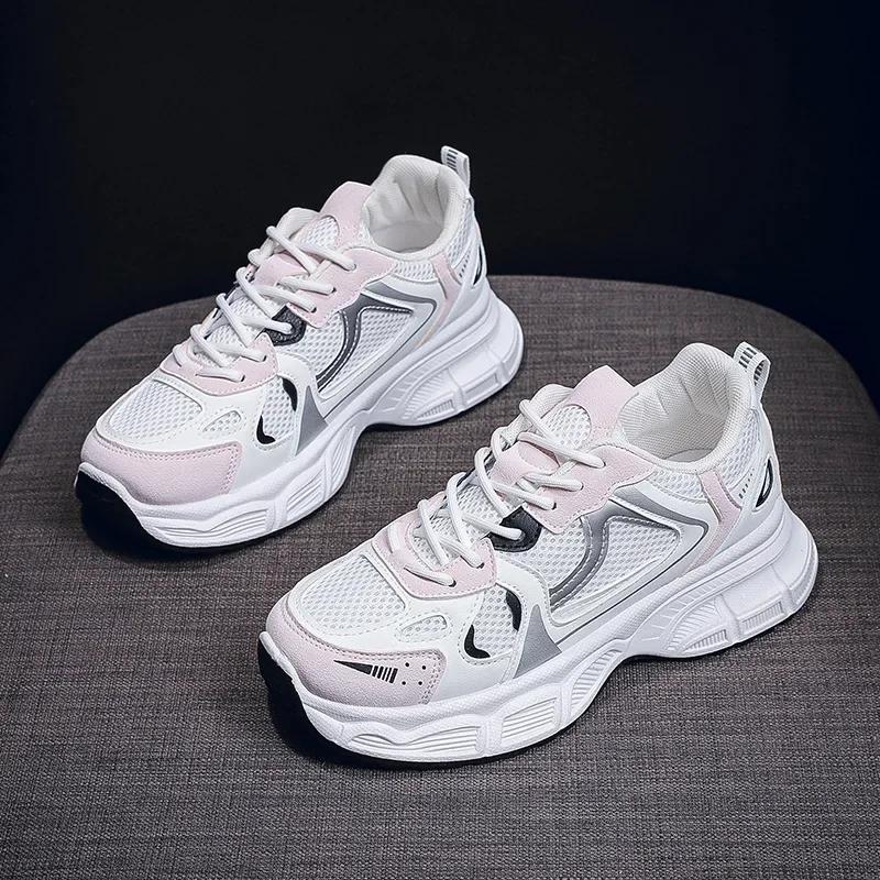 Fashion Chunky Platform Sneakers for Women Spring Breathable Mesh Thick Bottom Vulcanized Shoes Woman Casual Lace Up Sports Running Shoe