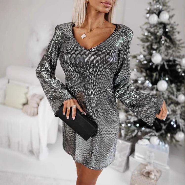 Jarní evropské a americké šaty s flitry s výstřihem do V a trumpetovými rukávy pro ženy