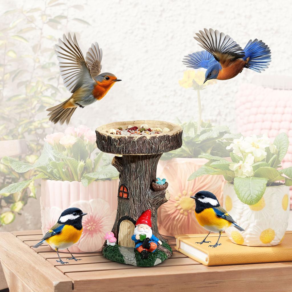 Resin Tree Stump Bird Bath with Gnome and Mushroom Figurine Outdoor Garden Decor for Yard Patio Lawn Ornament