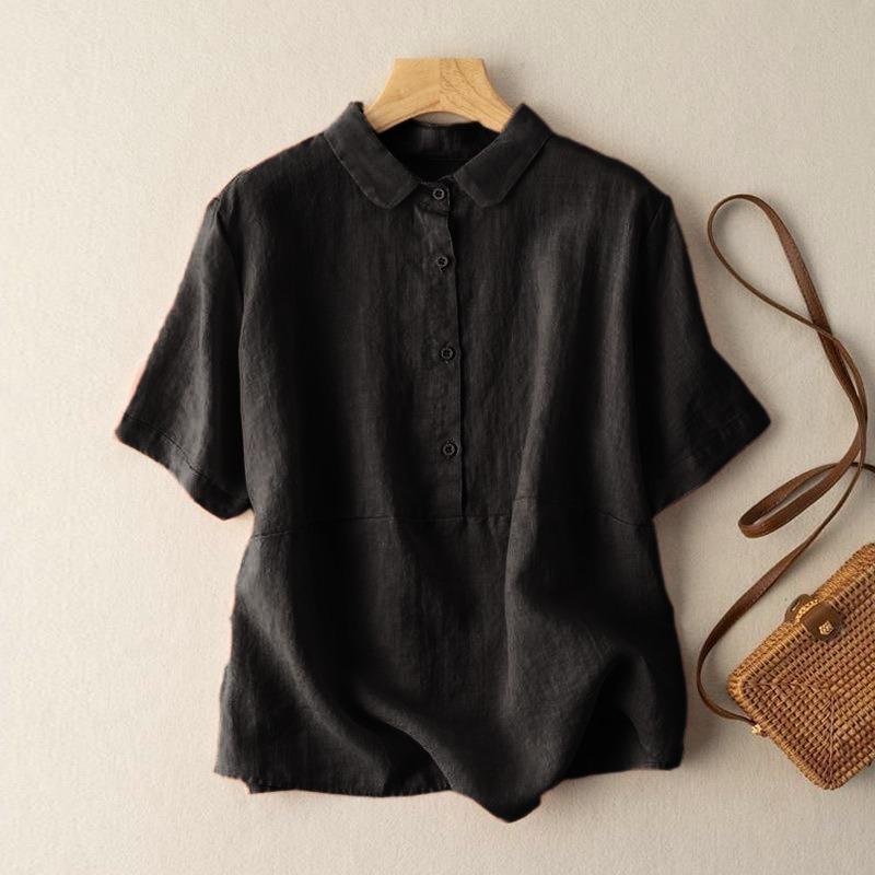 

Summer Solid Color Short-sleeved Pullover Linen Shirt Women s Cotton and Linen Shirt 3XL чорний