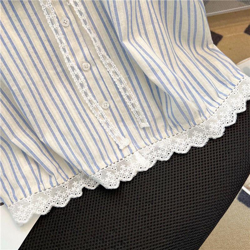 French Retro Lace-Trimmed Blue Striped Vest, 2026 Summer Style: Slimming, Age-Reducing Lace-Up Top for Women