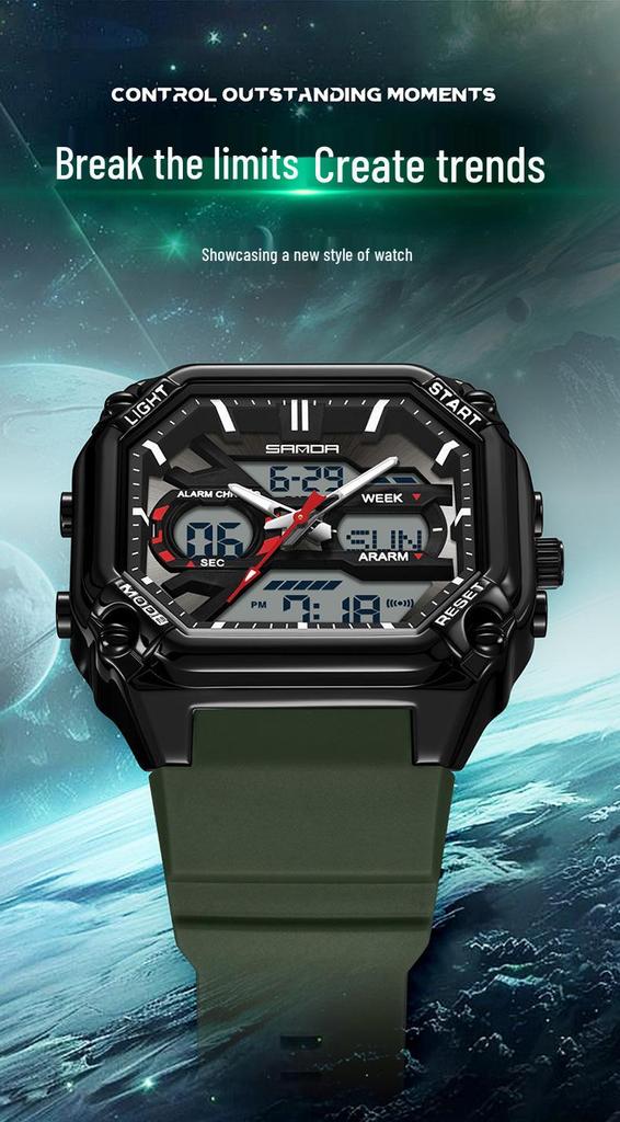Sanda Men's Multifunctional Waterproof Electronic Watch - Trendy Timer with Dual Display & Three-Time Zone Outdoor Alarm.