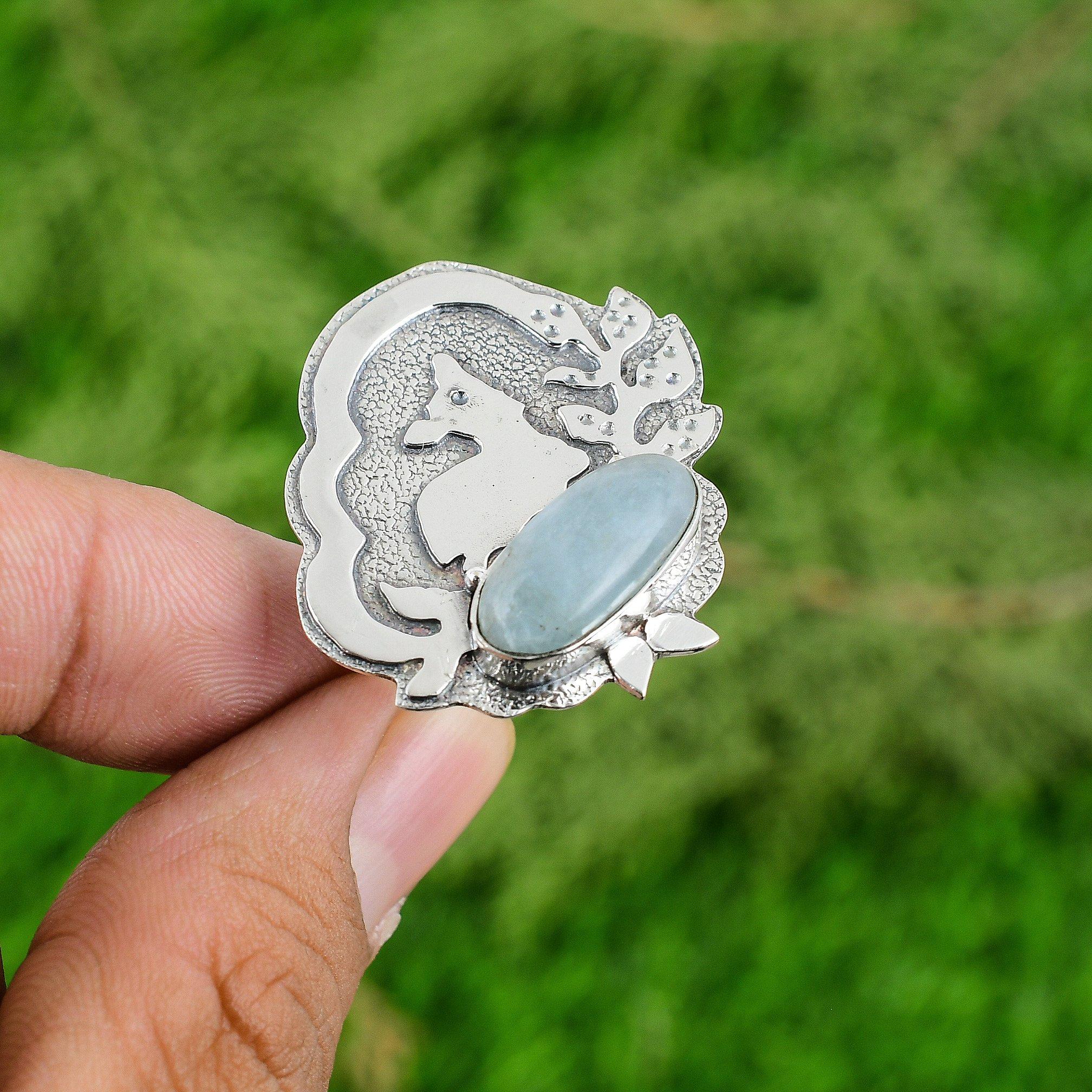 

Aquamarine Stone Bezel Solitaire Throat Chakra Wife Ring Jewelry Sterling Silver Adjustable