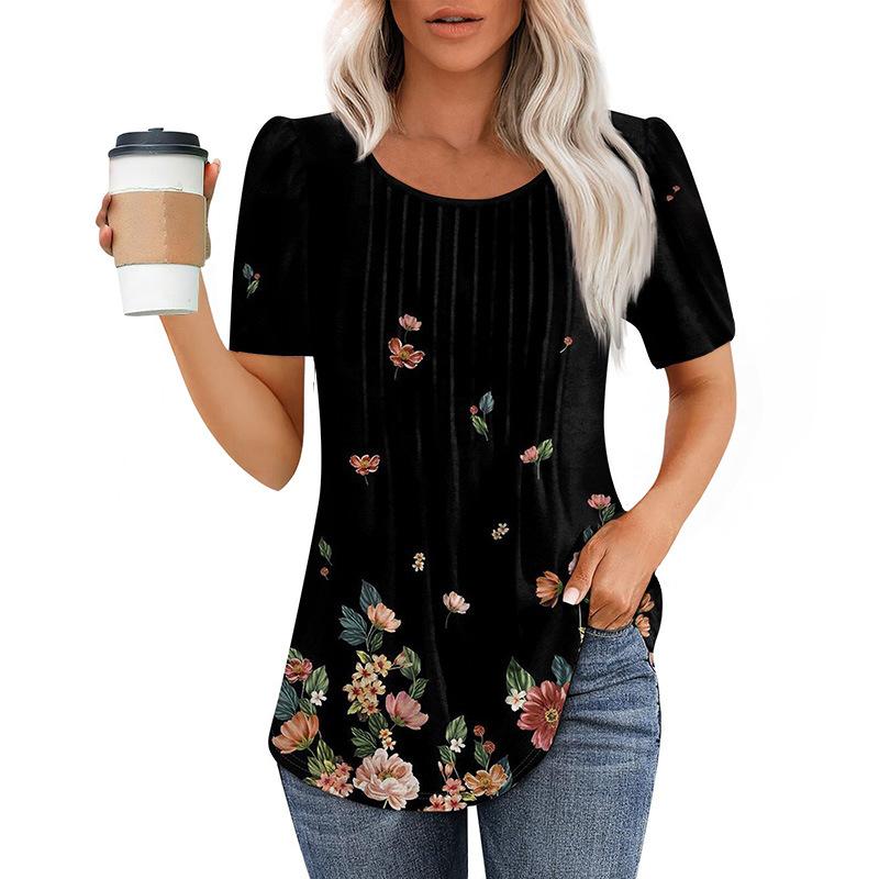 European And American Women's Tops New Style Pleated Round Neck Short-sleeved T-shirt Women's Shirt