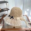 Fashion Lace Mesh Stitching Travel Ins Sweet Bucket Hat Vacation Straw Bow Straw Hat