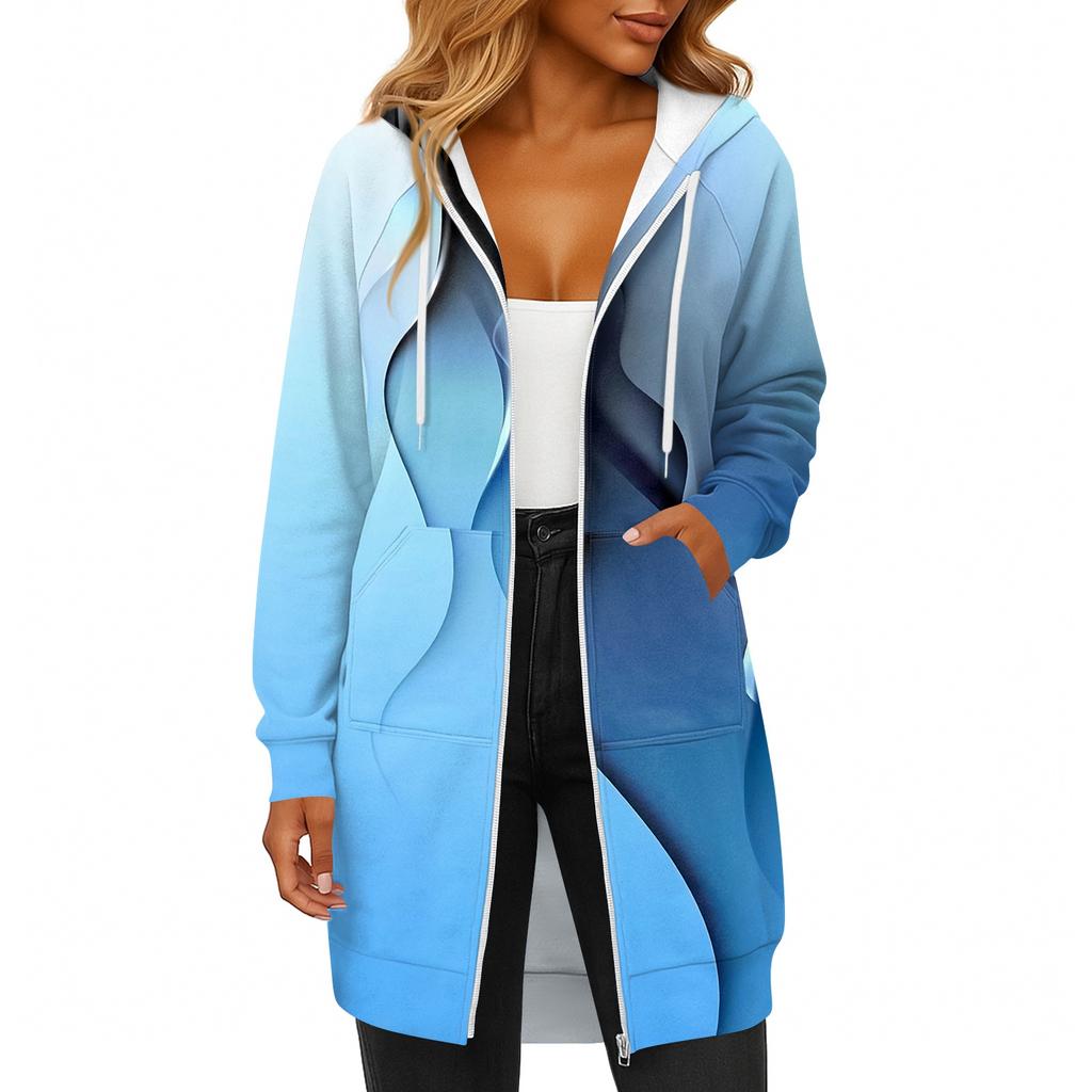 Women's Fashionable Printed  Long Sleeved Drawstring Hooded Zipper Pocket Long Casual Sweatshirt Jacket