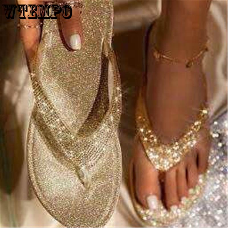 WTEMPO Women Summer Rhinestone Slip On Casual Open Toe Flat Soft Bottom Slippers Girl Flip Flop Wholesale Dropshipping