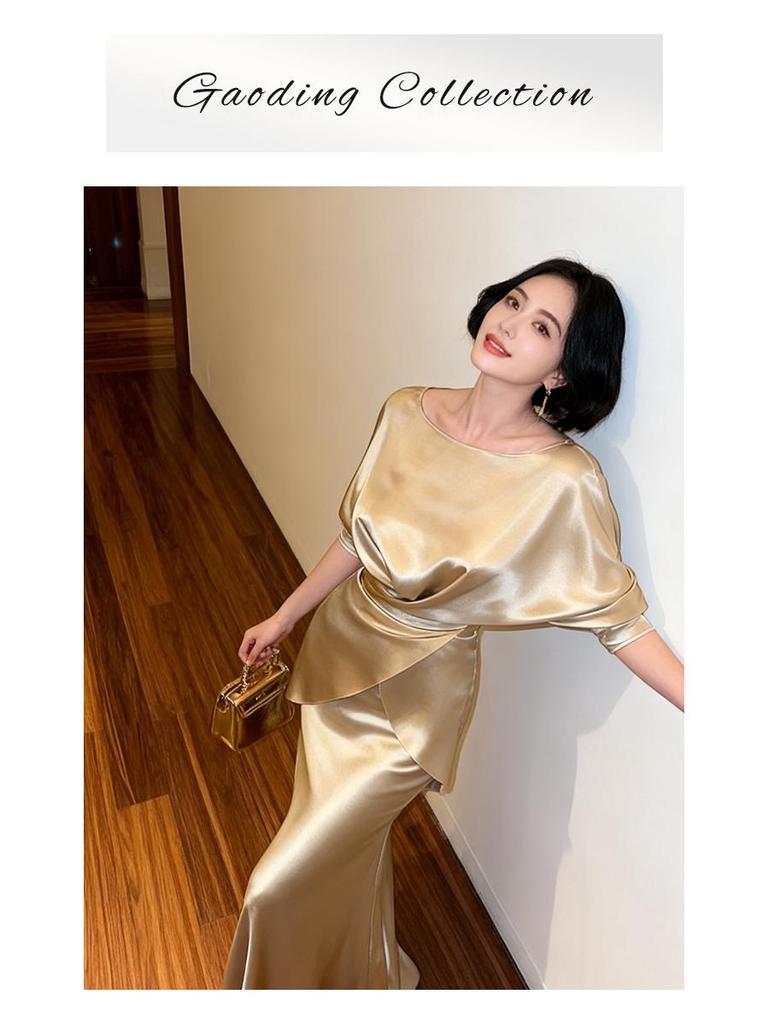 Elegant Champagne Acetate Suit for Women: Satin Top & Fishtail Skirt Set (Spring/Autumn)