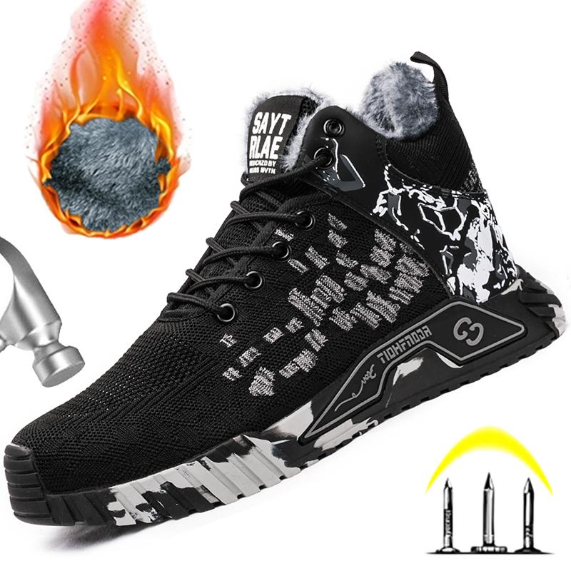 Winter Boots Men Shoes Steel Toe Work Boots Keep Warm Fur Construction Safety Boots Puncture-Proof Thick Plush Work Sneakers