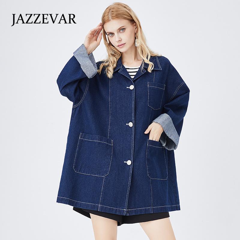 

JAZZEVAR, осень 2022, новый дизайн, свободная прямая куртка, женская повседневная синяя джинсовая куртка в стиле ретро