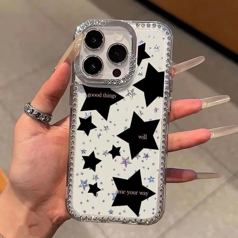 Full screen black stars, suitable for Apple iPhone17/16Pro mobile phone case 14 flash diamonds, 15 large holes, 13 women