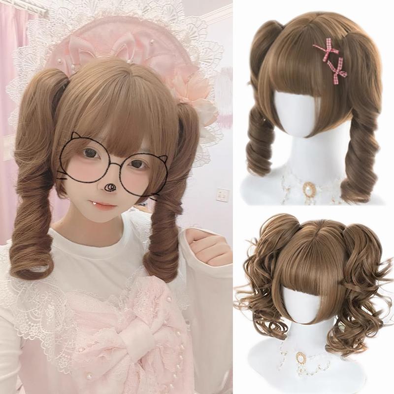 Synthetic Short Lolita Cosplay Christmas Halloween Bob Wig Wave Female Wig with Ponytail Natural Fake Hair for Women
