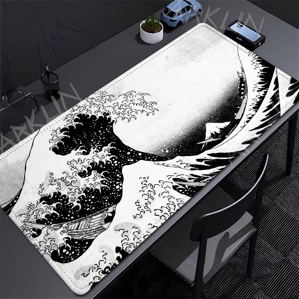 Black White Japanese Ukiyoe Wave Mouse Pad Vintage Ocean Sea Wave Mount Fuji Pattern Desk Mat Nonslip Rubber Gaming Mousepad