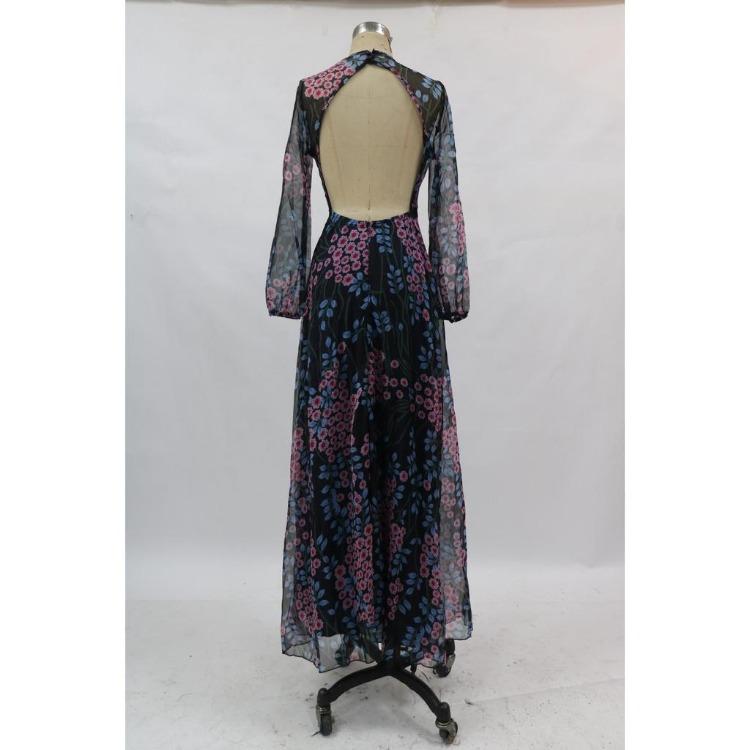 Elegant Floral Print Long Sleeves Backless Maxi Dress Women O Neck Wedding Party Gowns Bride Bridesmaids Host Long Dress