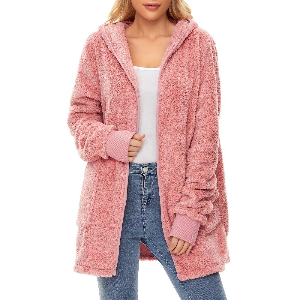 New Style Warm Women's Double-sided Plush Hooded Cardigan with Drawstring Pockets and Windproof Jacket