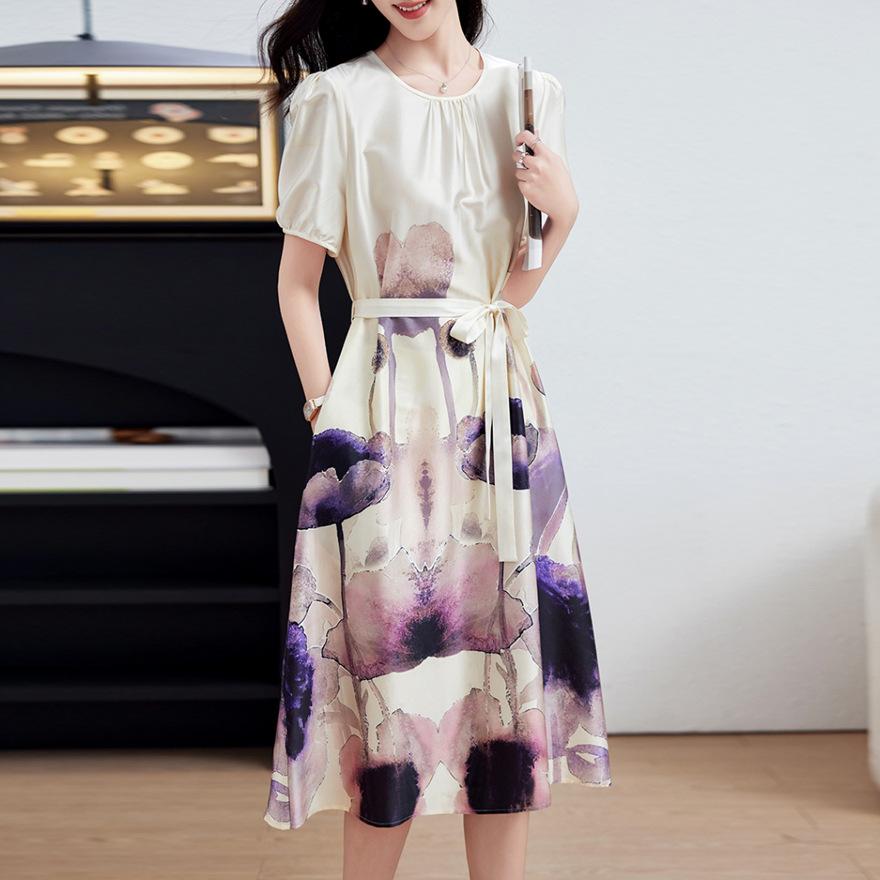 Elastic Satin Silk Dress Medium and Long Mulberry Silk Short-sleeved Belt Skirt Women