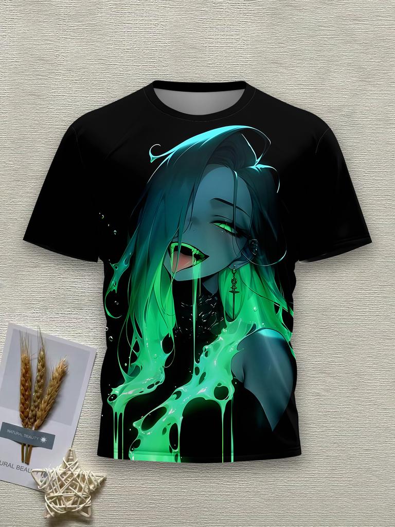 Fluorescent Green Dark Anime Girl Graphic T-Shirt Men's Street Style Trendy Round Neck Half Sleeve