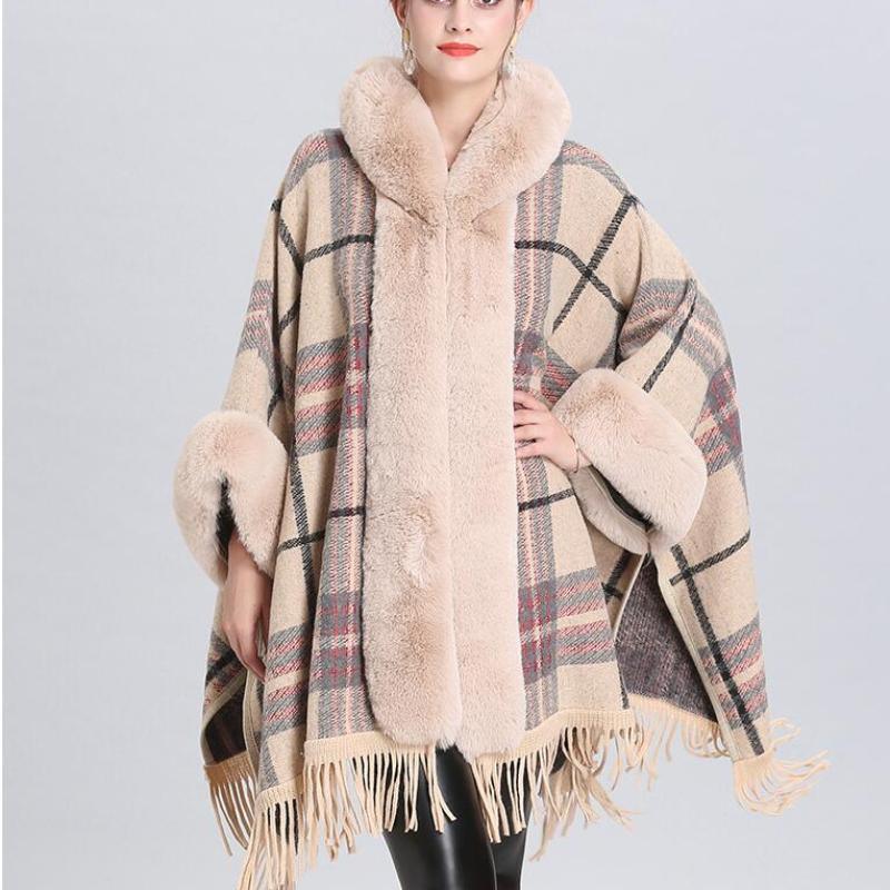 6 Farben Damen Streetwear Großer Kunstfellkragen Langer Cardigan Umhang Winter Warm Dick Fledermausärmel Gestreift Locker Mantel mit Kapuze